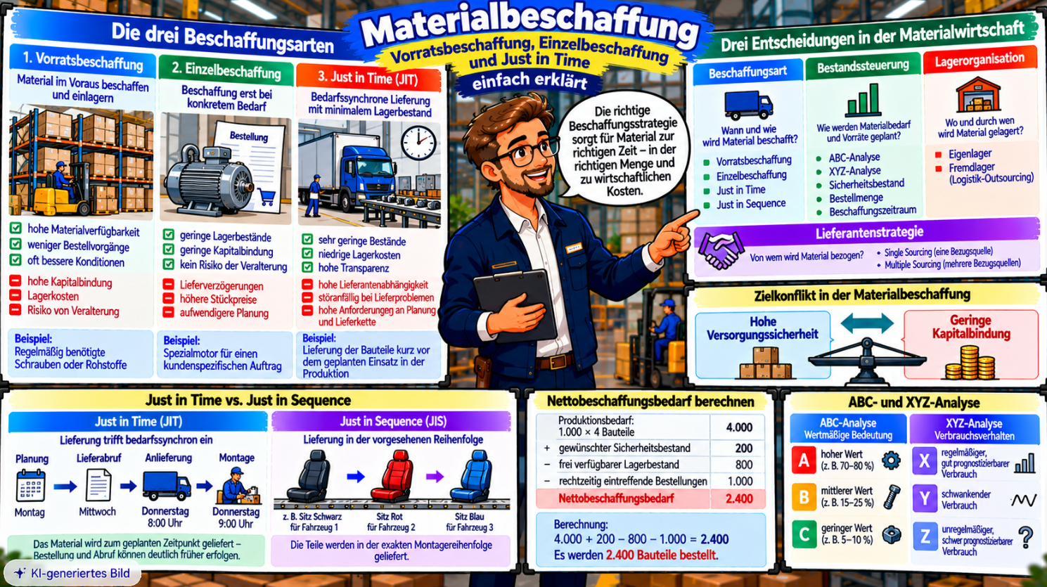 Comic-Illustration zur Materialbeschaffung mit Vorratsbeschaffung, Einzelbeschaffung und Just in Time, Vergleich von Beschaffungsart, Bestandssteuerung und Lagerorganisation sowie Just in Sequence, ABC-/XYZ-Analyse und Nettobeschaffungsbedarf von 2.400 Bauteilen.