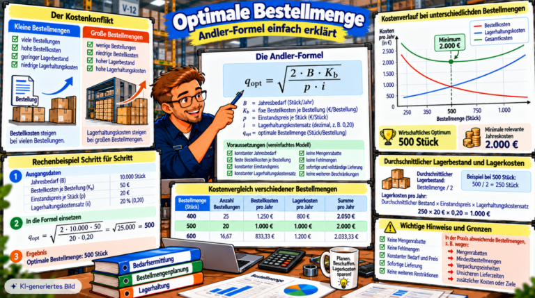 Comic-Illustration zur optimalen Bestellmenge mit Andler-Formel, Kostenkurven für Bestell- und Lagerhaltungskosten, schrittweiser Berechnung und Rechenbeispiel mit 500 Stück optimaler Bestellmenge bei 2.000 Euro jährlichen Gesamtkosten.