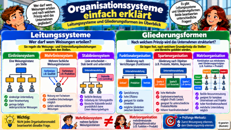 Organisationssysteme einfach erklärt – Einlinien-, Mehrlinien- und Stabliniensystem sowie Funktional-, Sparten- und Matrixorganisation im Vergleich