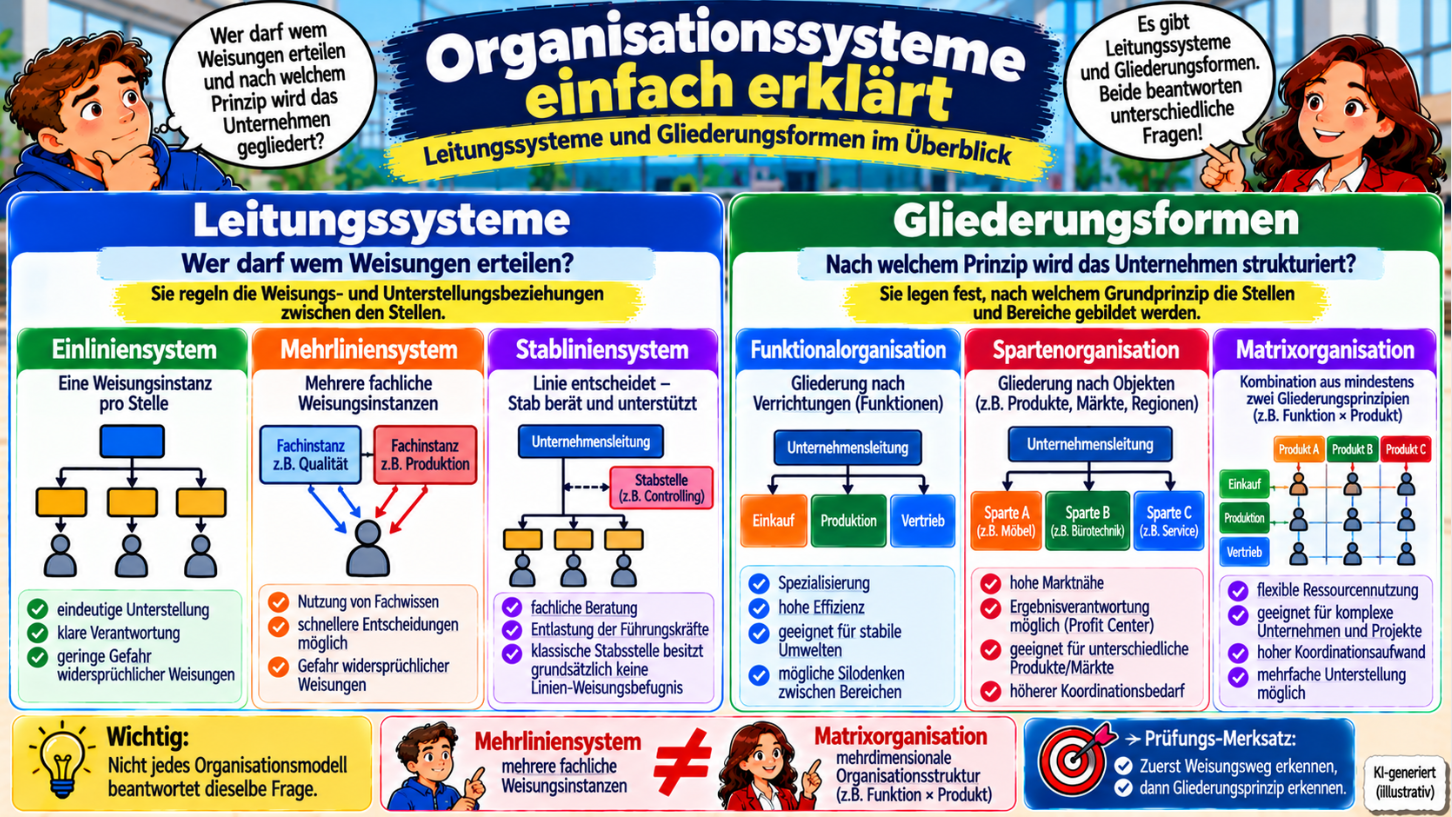 Organisationssysteme einfach erklärt – Einlinien-, Mehrlinien- und Stabliniensystem sowie Funktional-, Sparten- und Matrixorganisation im Vergleich