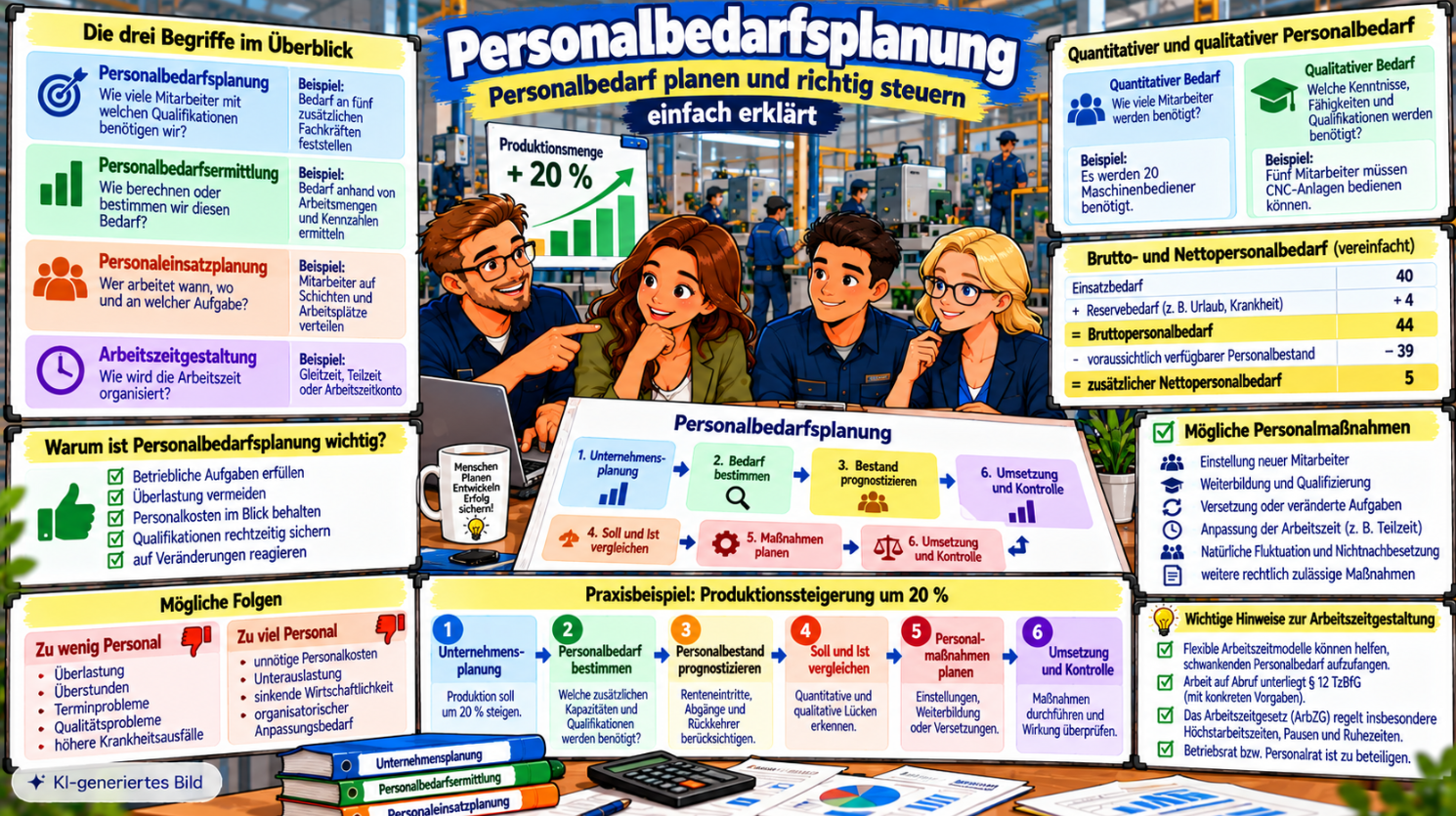 Comic-Illustration zur Personalbedarfsplanung mit Planungsteam, quantitativem und qualitativem Personalbedarf, Brutto- und Nettopersonalbedarf, sechs Schritten des Planungsprozesses sowie möglichen Personalmaßnahmen bei einer Produktionssteigerung