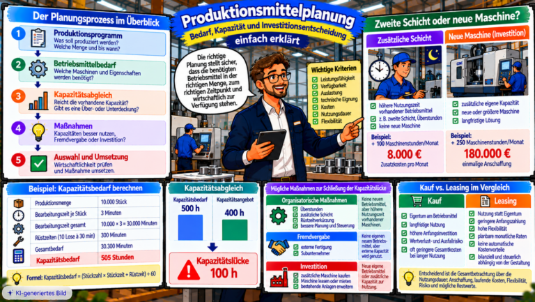 Comic-Illustration zur Produktionsmittelplanung mit Planungsprozess, Kapazitätsbedarf von 500 Stunden und Kapazitätsangebot von 400 Stunden, Vergleich zwischen zusätzlicher Schicht und neuer Maschine sowie organisatorischen Maßnahmen, Fremdvergabe, Kauf und Leasing.