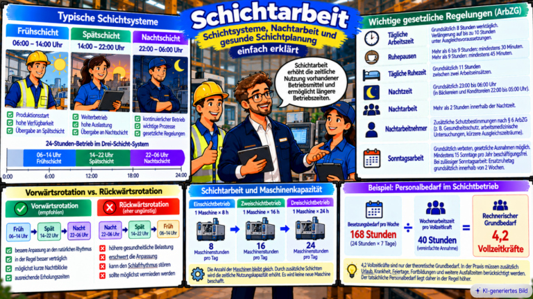 Comic-Illustration zur Schichtarbeit mit Früh-, Spät- und Nachtschicht, gesetzlichen Arbeitszeit- und Ruhezeitregelungen, Vergleich von Vorwärts- und Rückwärtsrotation sowie Maschinenkapazität und Personalbedarfsberechnung mit 4,2 Vollzeitkräften.