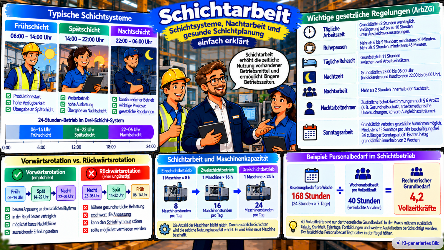 Comic-Illustration zur Schichtarbeit mit Früh-, Spät- und Nachtschicht, gesetzlichen Arbeitszeit- und Ruhezeitregelungen, Vergleich von Vorwärts- und Rückwärtsrotation sowie Maschinenkapazität und Personalbedarfsberechnung mit 4,2 Vollzeitkräften.
