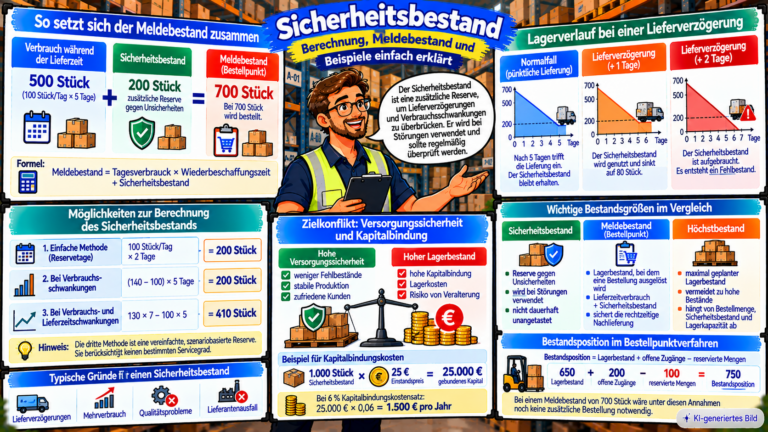Comic-Illustration zum Sicherheitsbestand mit Berechnung des Meldebestands aus 500 Stück Lieferzeitverbrauch und 200 Stück Sicherheitsbestand, Lagerverlauf bei Lieferverzögerungen, Berechnungsformeln sowie Zielkonflikt zwischen Versorgungssicherheit und Kapitalbindung.
