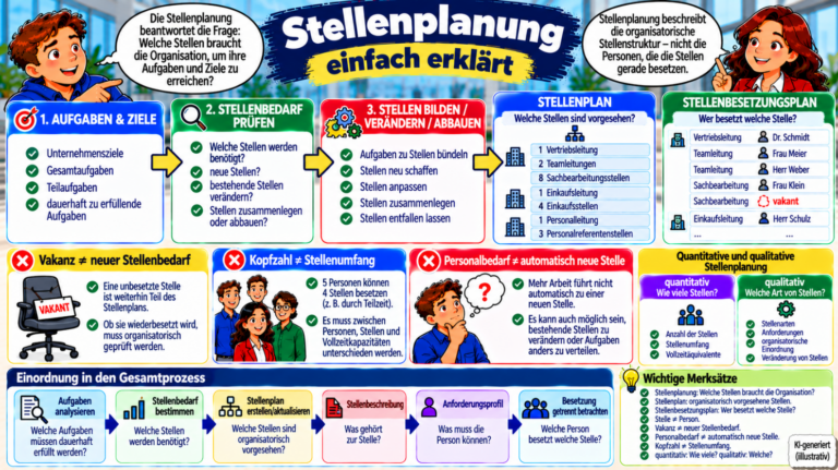 Stellenplanung einfach erklärt – Stellenbedarf, Stellenplan und Stellenbesetzungsplan sowie Vakanz, Stellenumfang und quantitative und qualitative Planung im Überblick
