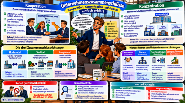 Comic-Illustration zu Unternehmenszusammenschlüssen mit Vergleich von Kooperation und Konzentration, horizontalen, vertikalen und konglomeraten Zusammenschlüssen sowie Konzern, Fusion, Kartellverbot, Fusionskontrolle und möglichen Vor- und Nachteilen