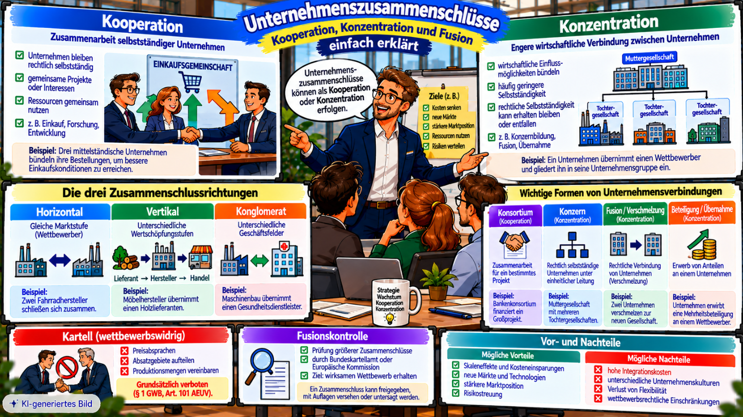 Comic-Illustration zu Unternehmenszusammenschlüssen mit Vergleich von Kooperation und Konzentration, horizontalen, vertikalen und konglomeraten Zusammenschlüssen sowie Konzern, Fusion, Kartellverbot, Fusionskontrolle und möglichen Vor- und Nachteilen