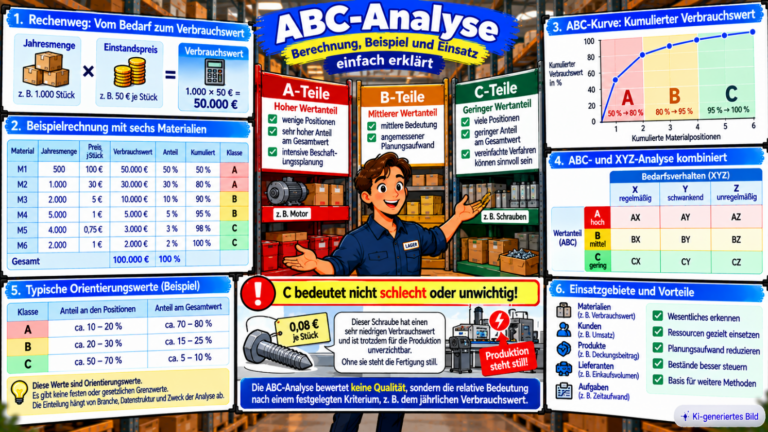 Comic-Illustration zur ABC-Analyse mit Berechnung des jährlichen Verbrauchswerts, Einteilung von sechs Materialien in A-, B- und C-Klassen, kumulierter ABC-Kurve, ABC-XYZ-Matrix und dem Hinweis, dass auch günstige C-Teile für die Produktion unverzichtbar sein können.