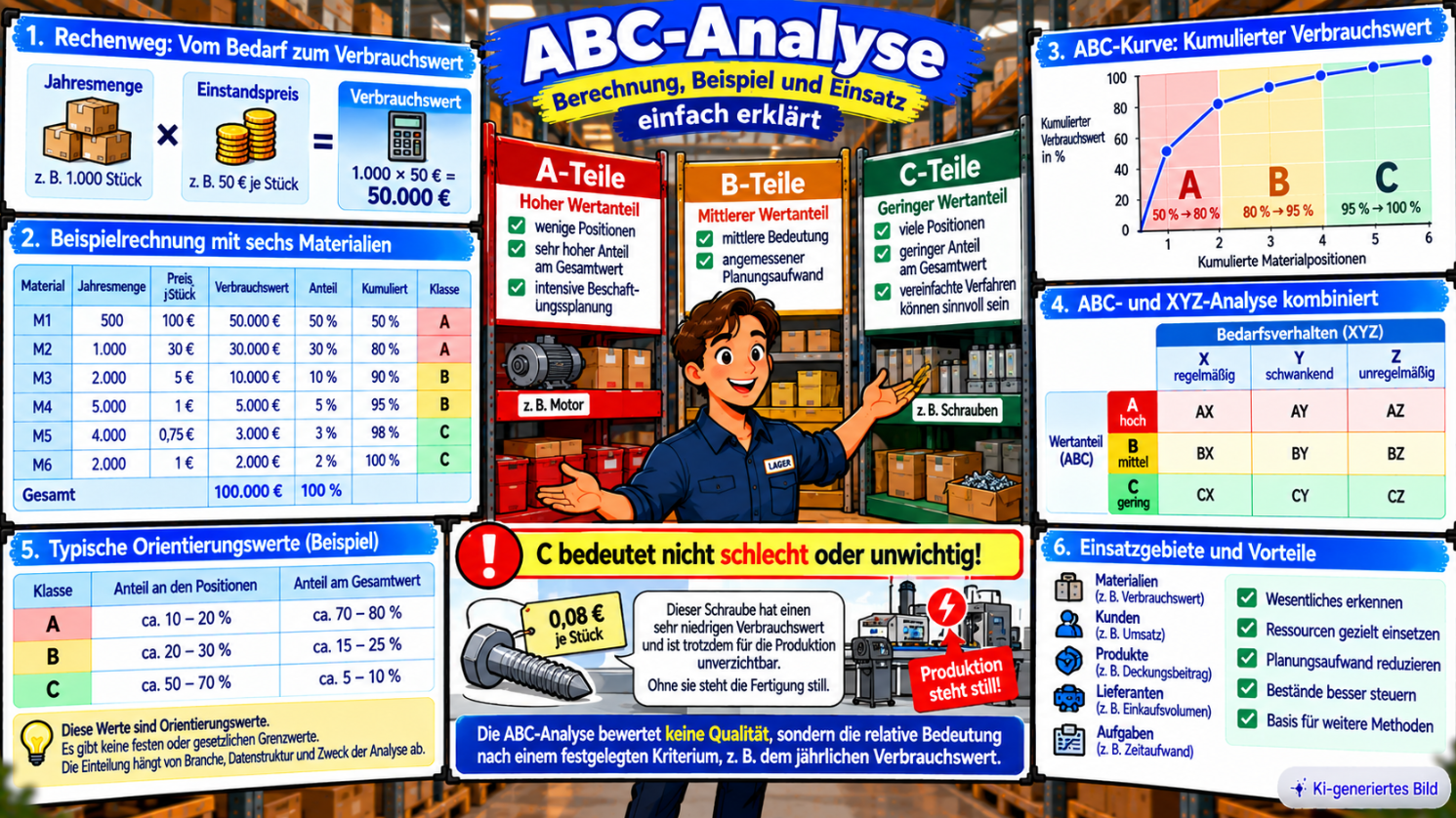 Comic-Illustration zur ABC-Analyse mit Berechnung des jährlichen Verbrauchswerts, Einteilung von sechs Materialien in A-, B- und C-Klassen, kumulierter ABC-Kurve, ABC-XYZ-Matrix und dem Hinweis, dass auch günstige C-Teile für die Produktion unverzichtbar sein können.