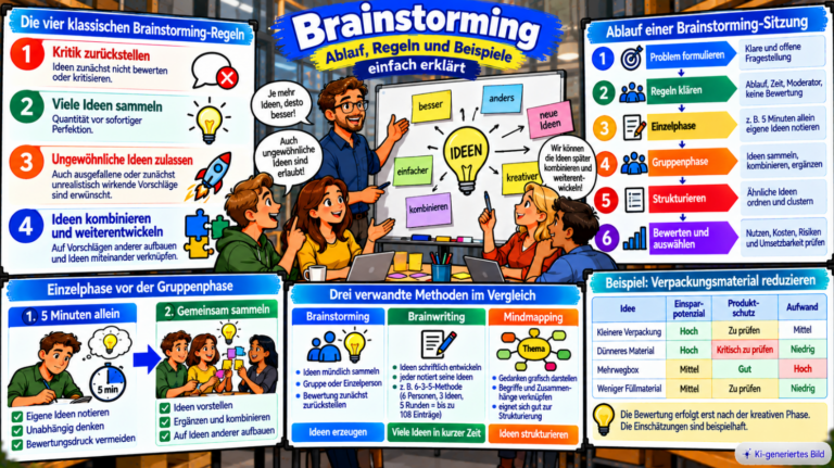 Comic-Illustration zum Brainstorming mit den vier klassischen Regeln, sechsstufigem Ablauf, Einzel- und Gruppenphase, Vergleich von Brainstorming, Brainwriting und Mindmapping sowie einer beispielhaften Ideenbewertung zur Reduzierung von Verpackungsmaterial.