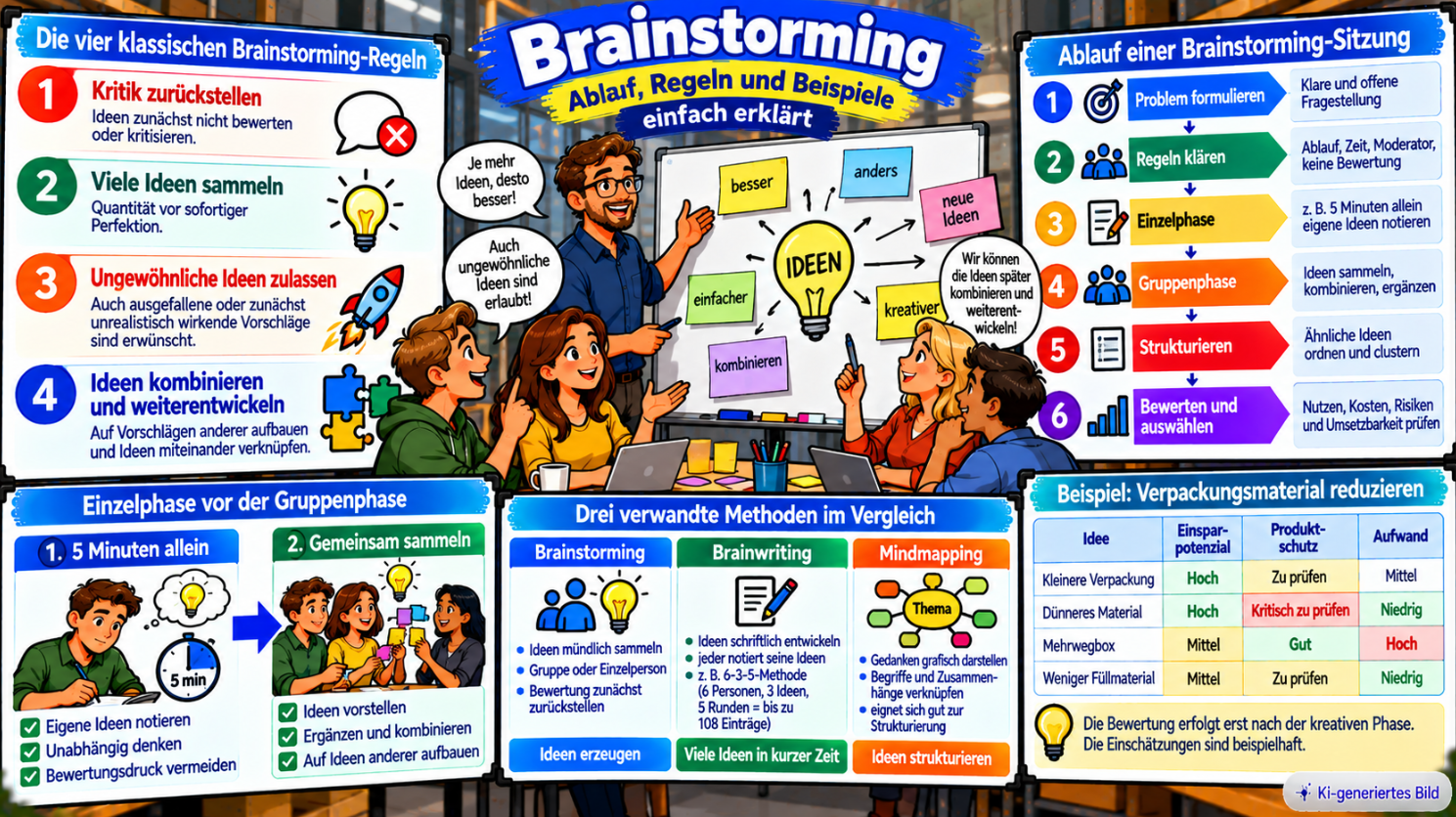 Comic-Illustration zum Brainstorming mit den vier klassischen Regeln, sechsstufigem Ablauf, Einzel- und Gruppenphase, Vergleich von Brainstorming, Brainwriting und Mindmapping sowie einer beispielhaften Ideenbewertung zur Reduzierung von Verpackungsmaterial.