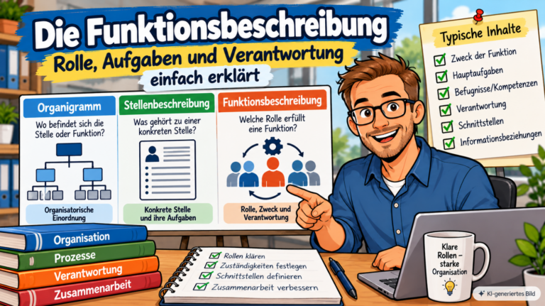 Comic-Illustration zur Funktionsbeschreibung mit Vergleich von Organigramm, Stellenbeschreibung und Funktionsbeschreibung sowie Übersicht zu Aufgaben, Befugnissen, Verantwortung und Schnittstellen.