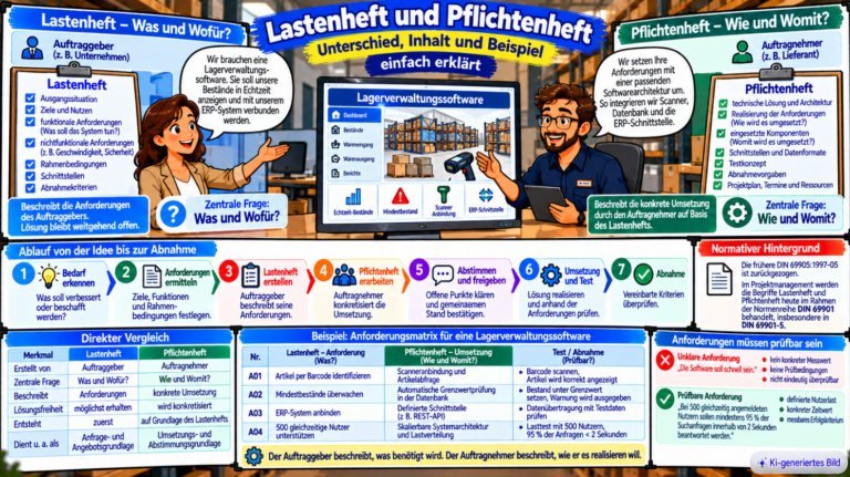 Comic-Illustration zum Unterschied zwischen Lastenheft und Pflichtenheft mit Auftraggeber und Auftragnehmer, den Leitfragen „Was und Wofür?“ und „Wie und Womit?“, Projektablauf von der Anforderung bis zur Abnahme sowie einer Anforderungsmatrix am Beispiel einer Lagerverwaltungssoftware.
