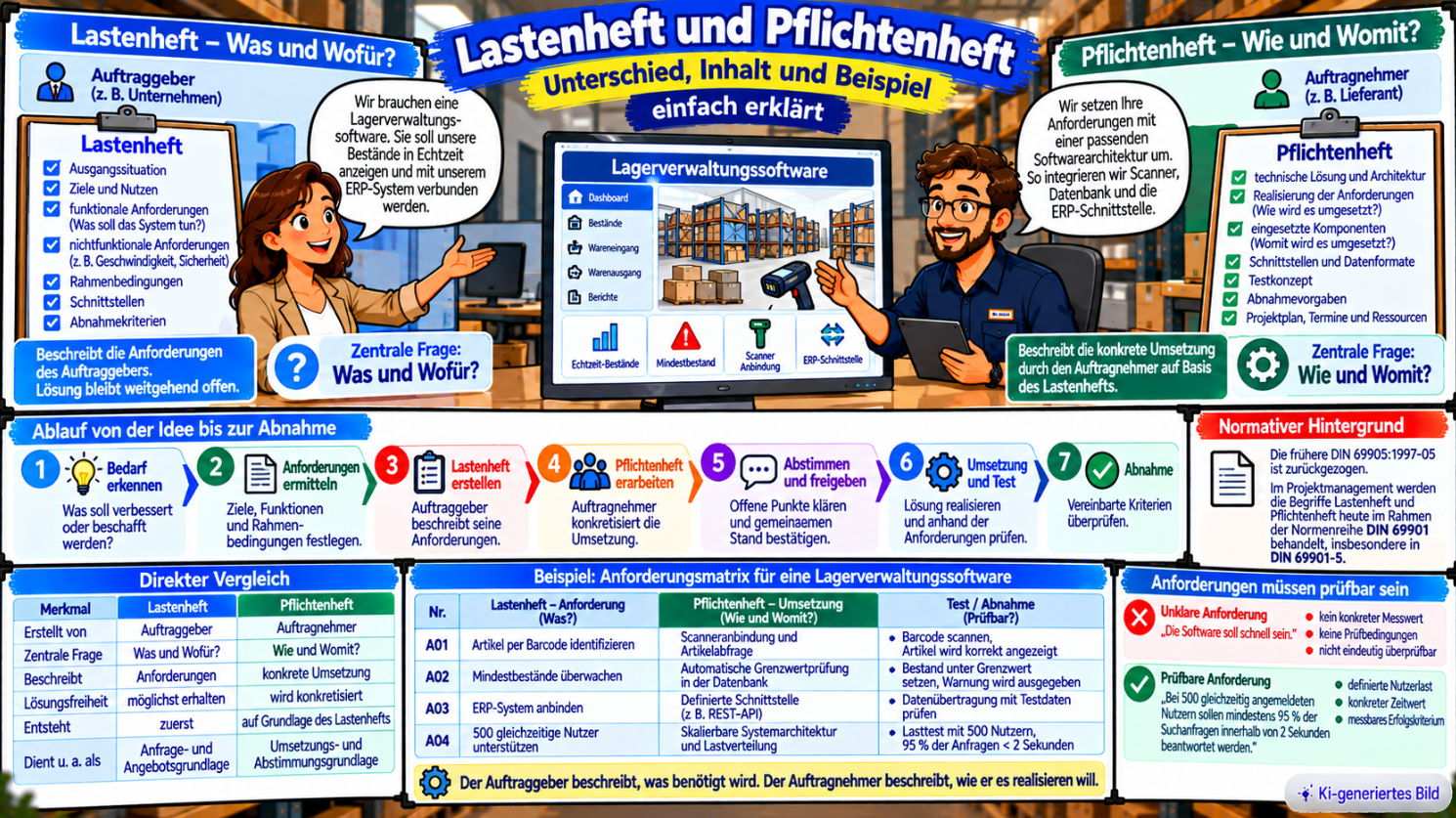 Comic-Illustration zum Unterschied zwischen Lastenheft und Pflichtenheft mit Auftraggeber und Auftragnehmer, den Leitfragen „Was und Wofür?“ und „Wie und Womit?“, Projektablauf von der Anforderung bis zur Abnahme sowie einer Anforderungsmatrix am Beispiel einer Lagerverwaltungssoftware.