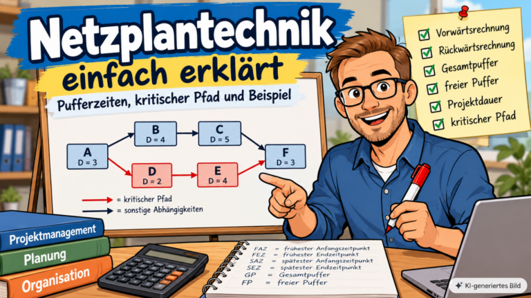 Comic-Illustration zur Netzplantechnik mit Vorgangsknoten, hervorgehobenem kritischen Pfad und Übersicht zu Vorwärtsrechnung, Rückwärtsrechnung und Pufferzeiten.