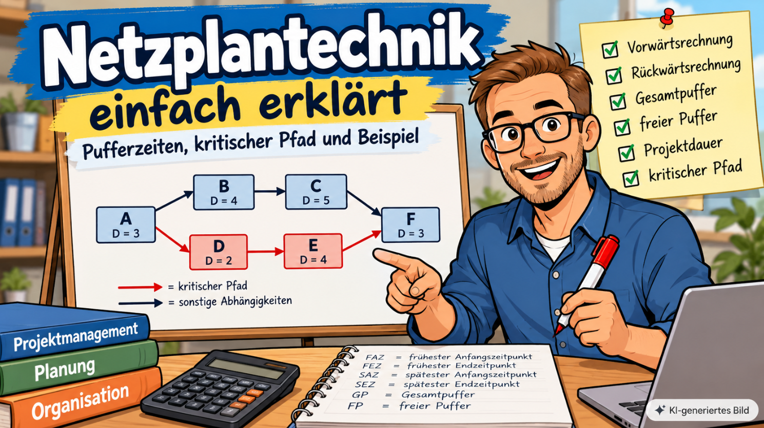 Comic-Illustration zur Netzplantechnik mit Vorgangsknoten, hervorgehobenem kritischen Pfad und Übersicht zu Vorwärtsrechnung, Rückwärtsrechnung und Pufferzeiten.