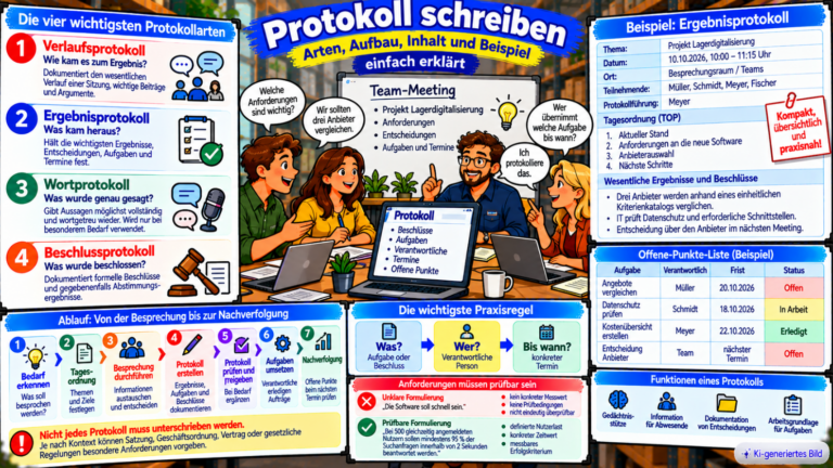 Comic-Illustration zum Protokollschreiben mit den vier Protokollarten Verlaufsprotokoll, Ergebnisprotokoll, Wortprotokoll und Beschlussprotokoll, einer Teamsitzung, einem Musterprotokoll sowie der Aufgabenverfolgung nach dem Prinzip „Was? Wer? Bis wann?“.