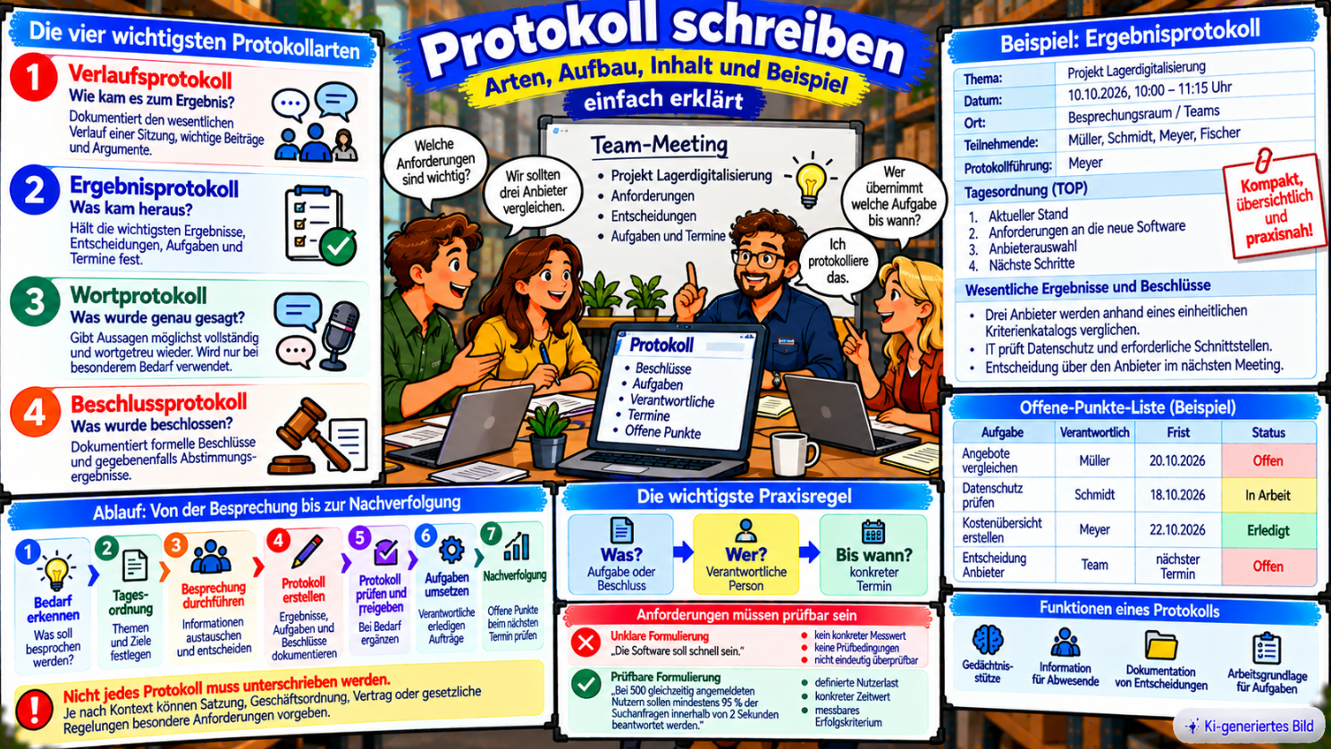 Comic-Illustration zum Protokollschreiben mit den vier Protokollarten Verlaufsprotokoll, Ergebnisprotokoll, Wortprotokoll und Beschlussprotokoll, einer Teamsitzung, einem Musterprotokoll sowie der Aufgabenverfolgung nach dem Prinzip „Was? Wer? Bis wann?“.