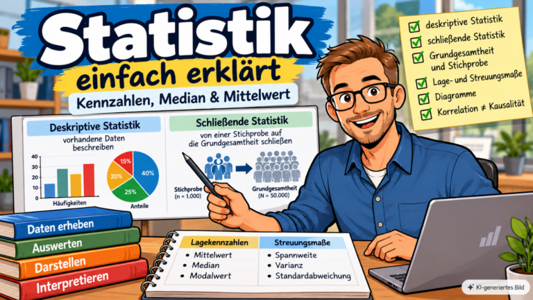 Comic-Illustration zur Statistik mit deskriptiver und schließender Statistik, Diagrammen, Stichprobe und Grundgesamtheit sowie Mittelwert, Median und Streuungsmaßen.