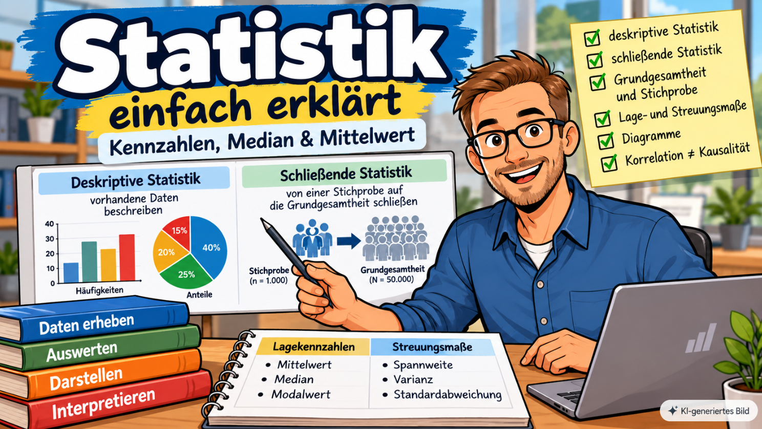 Comic-Illustration zur Statistik mit deskriptiver und schließender Statistik, Diagrammen, Stichprobe und Grundgesamtheit sowie Mittelwert, Median und Streuungsmaßen.