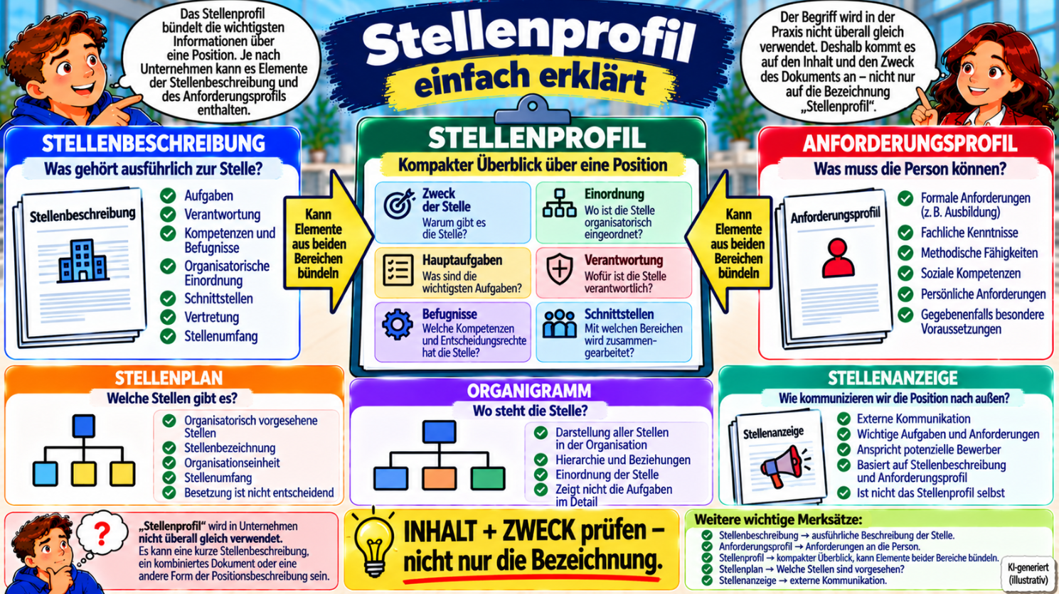 Stellenprofil einfach erklärt – kompakter Überblick über eine Position sowie Unterschiede zu Stellenbeschreibung, Anforderungsprofil, Stellenplan, Organigramm und Stellenanzeige