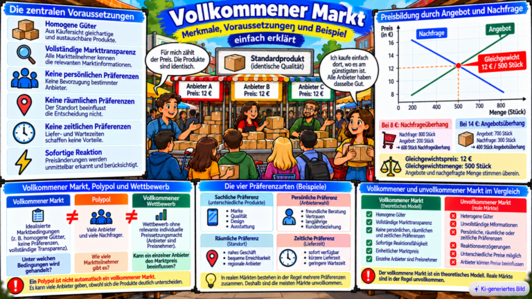 Comic-Illustration zum vollkommenen Markt mit identischen Gütern, vollständiger Markttransparenz, fehlenden Präferenzen, Angebots- und Nachfragekurve mit Gleichgewichtspreis von 12 Euro und Gleichgewichtsmenge von 500 Stück sowie dem Vergleich zwischen vollkommenem Markt, Polypol und unvollkommenem Markt.