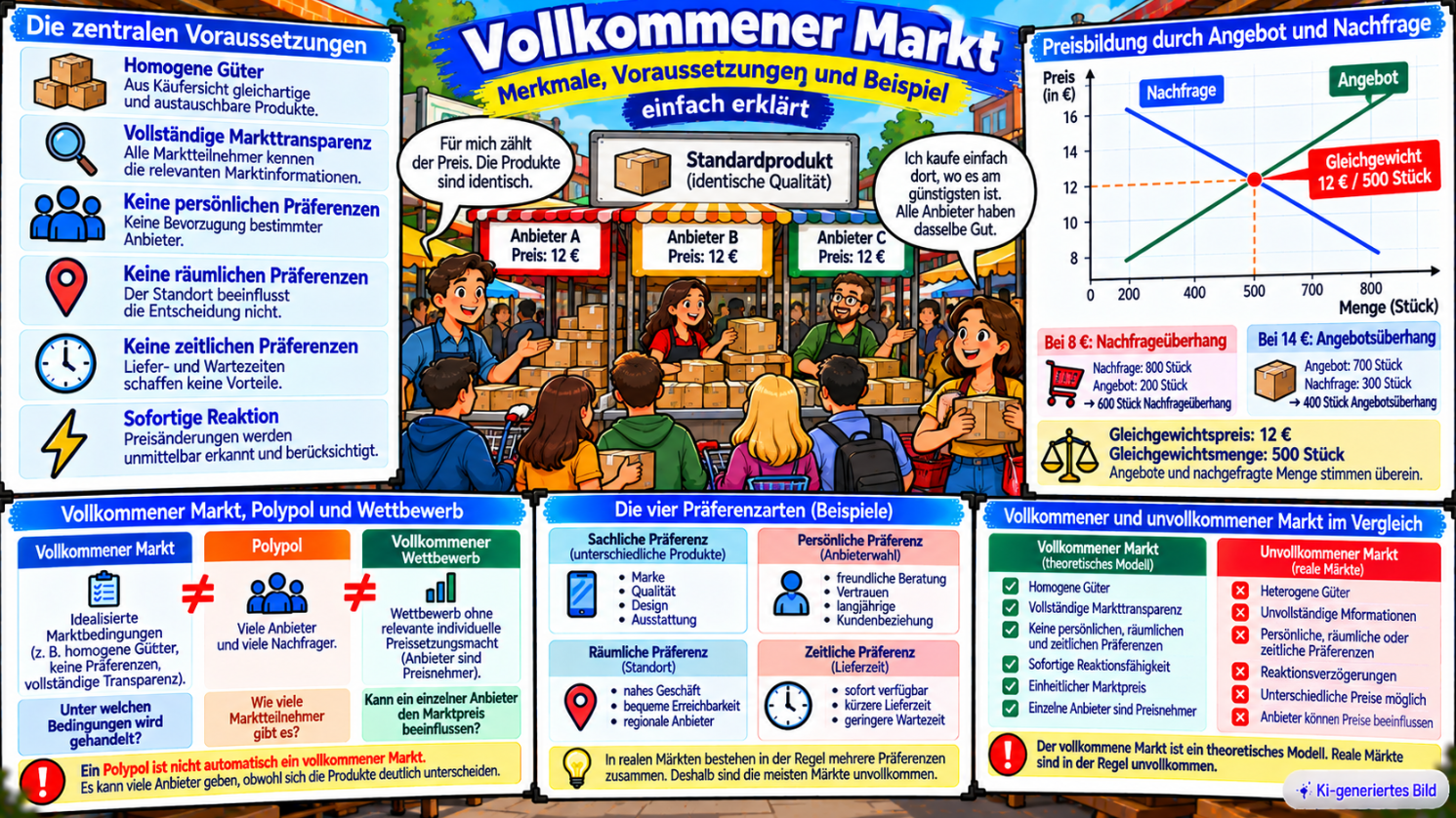 Comic-Illustration zum vollkommenen Markt mit identischen Gütern, vollständiger Markttransparenz, fehlenden Präferenzen, Angebots- und Nachfragekurve mit Gleichgewichtspreis von 12 Euro und Gleichgewichtsmenge von 500 Stück sowie dem Vergleich zwischen vollkommenem Markt, Polypol und unvollkommenem Markt.
