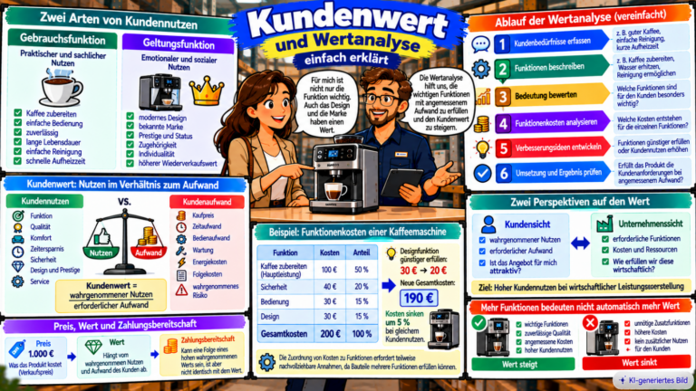 Comic-Illustration zu Kundenwert und Wertanalyse mit Gebrauchsfunktion und Geltungsfunktion, Vergleich von Kundennutzen und Kundenaufwand, sechs Schritten der Wertanalyse sowie Funktionenkosten einer Kaffeemaschine mit Kostensenkung von 200 auf 190 Euro.
