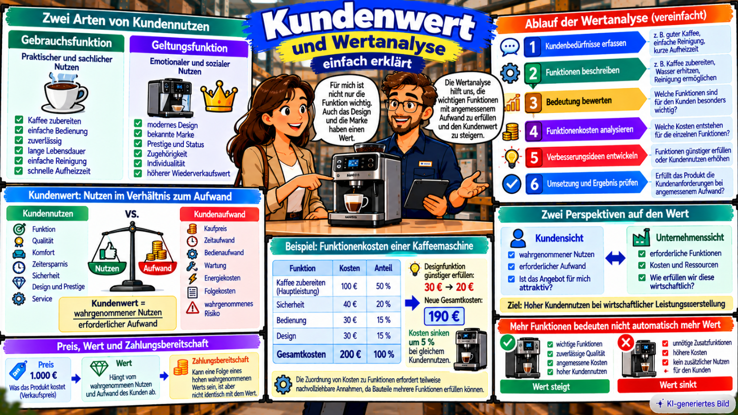 Comic-Illustration zu Kundenwert und Wertanalyse mit Gebrauchsfunktion und Geltungsfunktion, Vergleich von Kundennutzen und Kundenaufwand, sechs Schritten der Wertanalyse sowie Funktionenkosten einer Kaffeemaschine mit Kostensenkung von 200 auf 190 Euro.