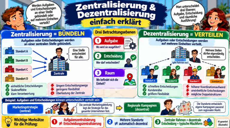 Zentralisierung und Dezentralisierung einfach erklärt – Aufgaben, Entscheidungen und Standorte zentral bündeln oder dezentral verteilen sowie typische Mischformen im Überblick
