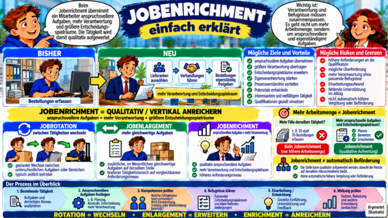 Jobenrichment einfach erklärt – vertikale Aufgabenbereicherung durch anspruchsvollere Tätigkeiten, mehr Verantwortung und Entscheidungsspielraum sowie Unterschiede zu Jobrotation und Jobenlargement.