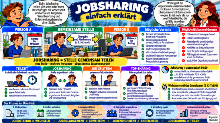 Jobsharing einfach erklärt – gemeinsame Aufteilung einer Stelle auf mehrere Beschäftigte mit abgestimmten Arbeitszeiten, Aufgaben und Verantwortung sowie Unterschiede zu Teilzeit, Job-Splitting und Top-Sharing.