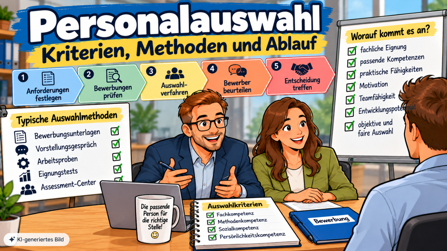 Comic-Illustration zur Personalauswahl mit Vorstellungsgespräch, Auswahlkriterien und Methoden wie Bewerbungsunterlagen, Arbeitsproben, Eignungstests und Assessment-Center sowie dem Ablauf einer strukturierten Bewerberauswahl.