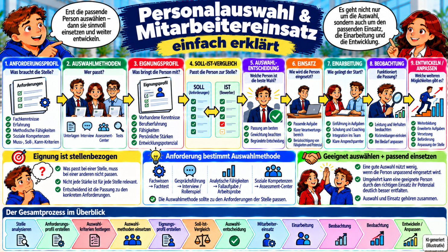 Personalauswahl und Mitarbeitereinsatz einfach erklärt – vom Anforderungsprofil über Auswahlmethoden, Eignungsprofil und Soll-Ist-Vergleich bis zu Einsatz, Einarbeitung, Beobachtung und Entwicklung