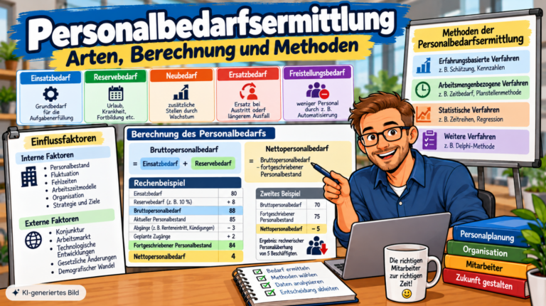 Comic-Illustration zur Personalbedarfsermittlung mit Berechnung von Brutto- und Nettopersonalbedarf, Einsatzbedarf, Reservebedarf, Personalbedarfsarten und Methoden der Personalplanung.