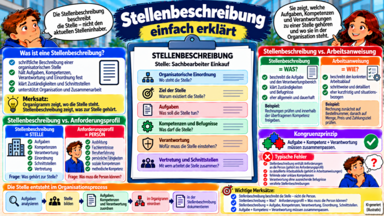Stellenbeschreibung einfach erklärt – Aufgaben, Kompetenzen, Verantwortung, organisatorische Einordnung, Vertretung und Abgrenzung zum Anforderungsprofil im Überblick