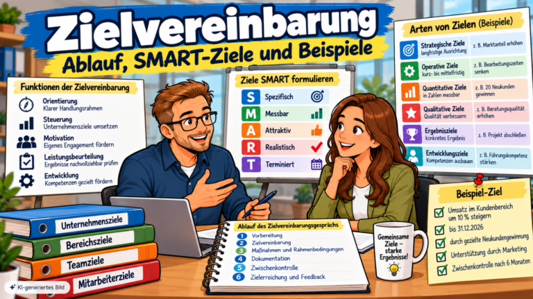 Comic-Illustration zur Zielvereinbarung mit Führungskraft und Mitarbeiterin im Gespräch, SMART-Zielen, strategischen und operativen Zielen sowie dem Ablauf eines Zielvereinbarungsgesprächs.