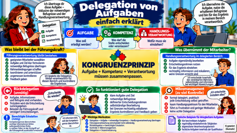 Delegation von Aufgaben einfach erklärt – Aufgabe, Kompetenz und Handlungsverantwortung übertragen sowie Führungsverantwortung, Rückdelegation, Eskalation und Mikromanagement im Überblick