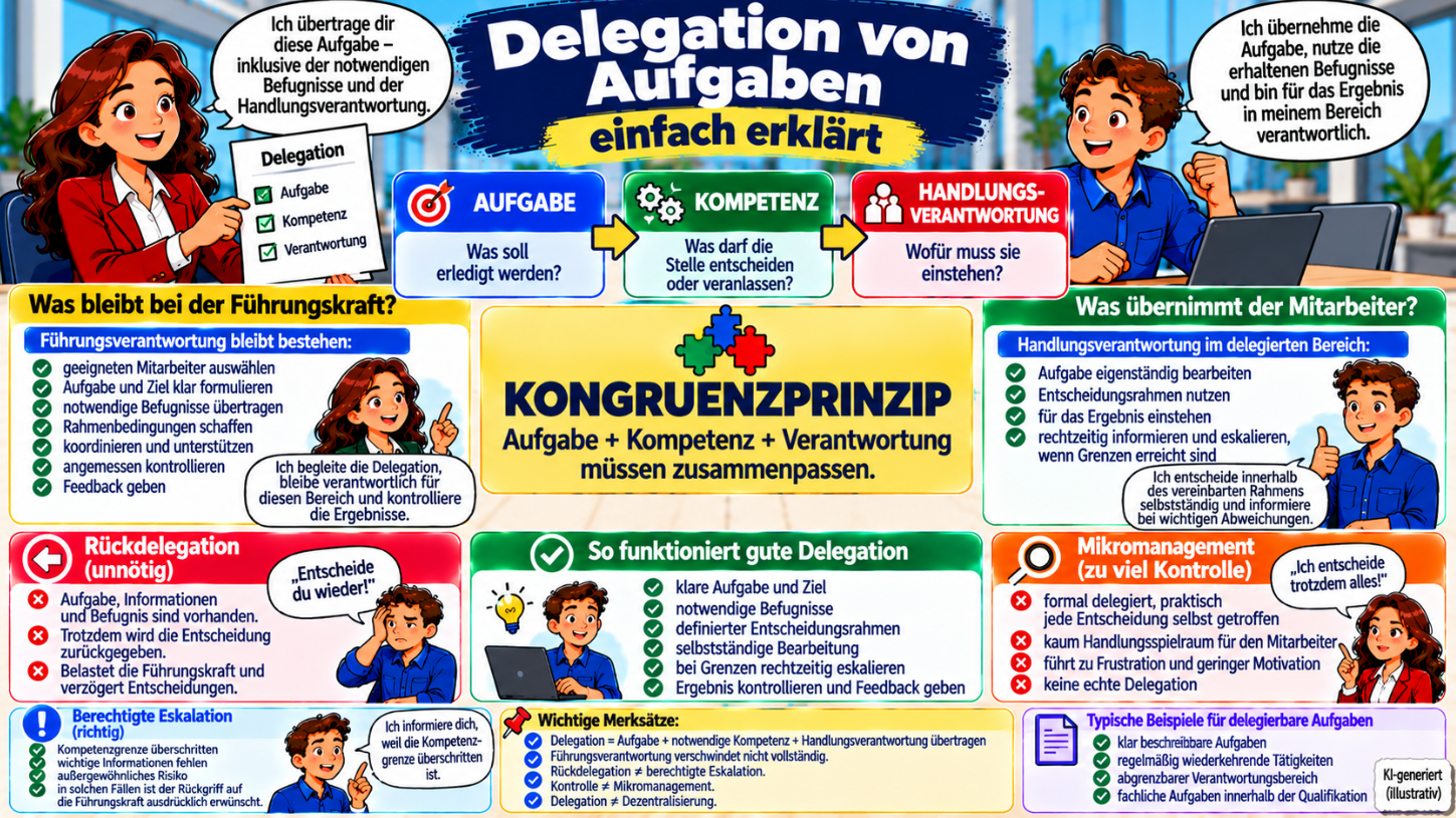 Delegation von Aufgaben einfach erklärt – Aufgabe, Kompetenz und Handlungsverantwortung übertragen sowie Führungsverantwortung, Rückdelegation, Eskalation und Mikromanagement im Überblick