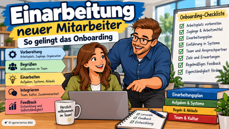 Comic-Illustration zur Einarbeitung neuer Mitarbeiter mit Mentor und neuer Kollegin am Arbeitsplatz sowie Onboarding-Checkliste zu Vorbereitung, Begrüßung, Einarbeitungsplan, Integration und Feedback.
