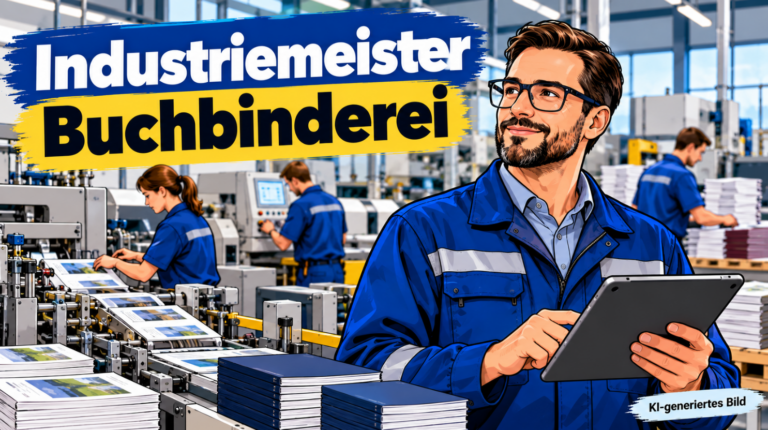 Industriemeister Buchbinderei mit Tablet in einer modernen Buchbinderei, während Mitarbeiter an industriellen Buchbindemaschinen arbeiten und gedruckte Bücher sowie Broschüren verarbeiten.