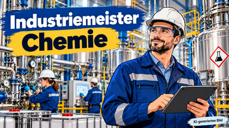 Industriemeister Chemie mit Schutzhelm, Schutzbrille und Tablet in einer modernen Chemieproduktionsanlage mit Edelstahlbehältern und Rohrleitungen, während Mitarbeiter die Anlagen überwachen