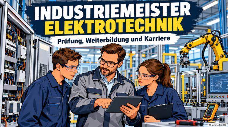 Comic-Illustration eines Industriemeisters Elektrotechnik, der mit zwei Mitarbeitern die Steuerung und Wartung einer automatisierten Industrieanlage bespricht. Im Hintergrund sind elektrische Schaltschränke, Messgeräte, Industrieroboter und moderne Fertigungsmaschinen zu sehen