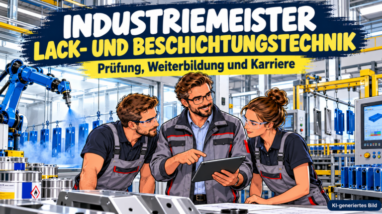 Comic-Illustration eines Industriemeisters Lack- und Beschichtungstechnik, der mit zwei Mitarbeitern die Produktionsabläufe an einer modernen industriellen Lackieranlage bespricht. Im Hintergrund sind Lackierroboter, Beschichtungskabinen und beschichtete Metallbauteile zu sehen.