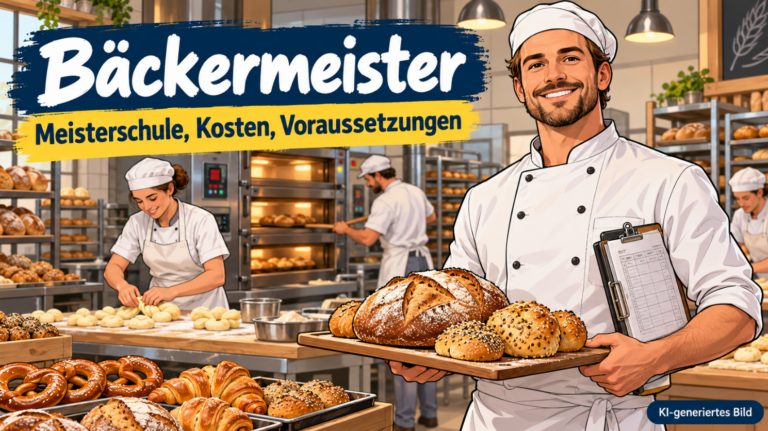 Comic-Illustration eines Bäckermeisters mit frischem Brot und Brötchen in einer modernen Backstube. Im Hintergrund arbeiten Bäcker an Teig und Backöfen. Thema: Meisterschule, Kosten und Voraussetzungen.