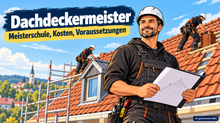 Comic-Illustration eines Dachdeckermeisters mit Bauplänen auf einer Dachbaustelle. Im Hintergrund verlegen Dachdecker Dachziegel. Thema: Meisterschule, Kosten und Voraussetzungen.