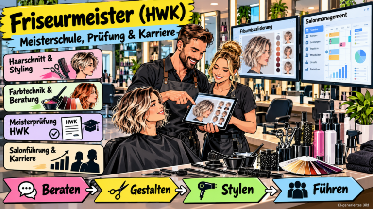 Comicillustration zur Weiterbildung Friseurmeister (HWK): Zwei Fachkräfte planen in einem modernen Friseursalon Haarschnitt, Farbtechnik und Styling mit digitaler Beratung. Dargestellt sind Meisterprüfung, Salonführung und Karriere
