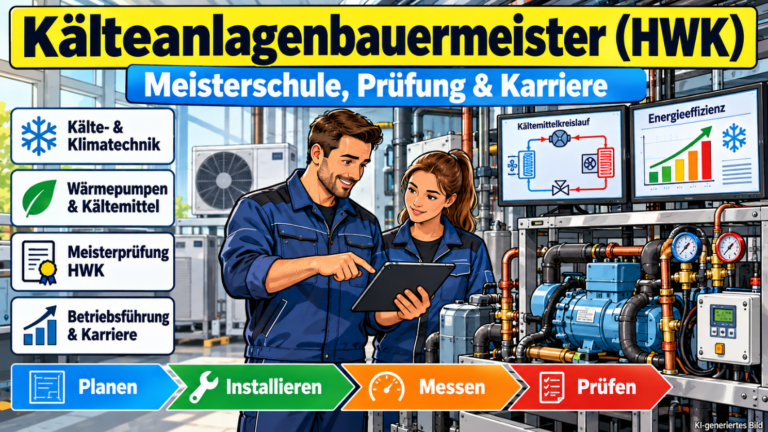 Comicillustration zur Weiterbildung Kälteanlagenbauermeister (HWK): Zwei Fachkräfte prüfen eine moderne Kälteanlage mit Wärmepumpe, digitaler Messtechnik und Kältemittelkreislauf. Dargestellt sind Meisterprüfung und Karriere.