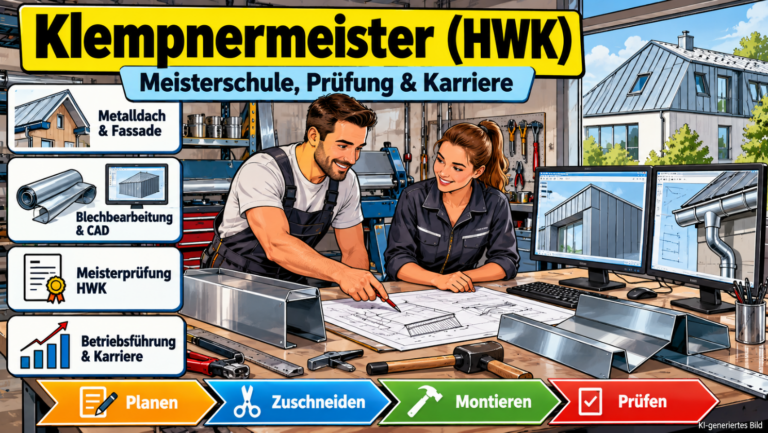 Comicillustration zur Weiterbildung Klempnermeister (HWK): Zwei Fachkräfte planen in einer Spenglerwerkstatt Metalldächer und Fassaden mit CAD-Technik, Blechbearbeitung und Dachentwässerung.